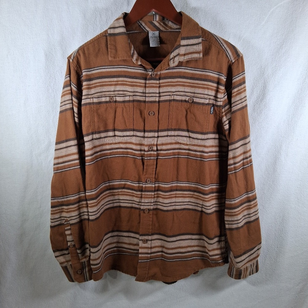 Hurley Flannel Button Up Men Small Brown Excellent Striped Portland Shirt